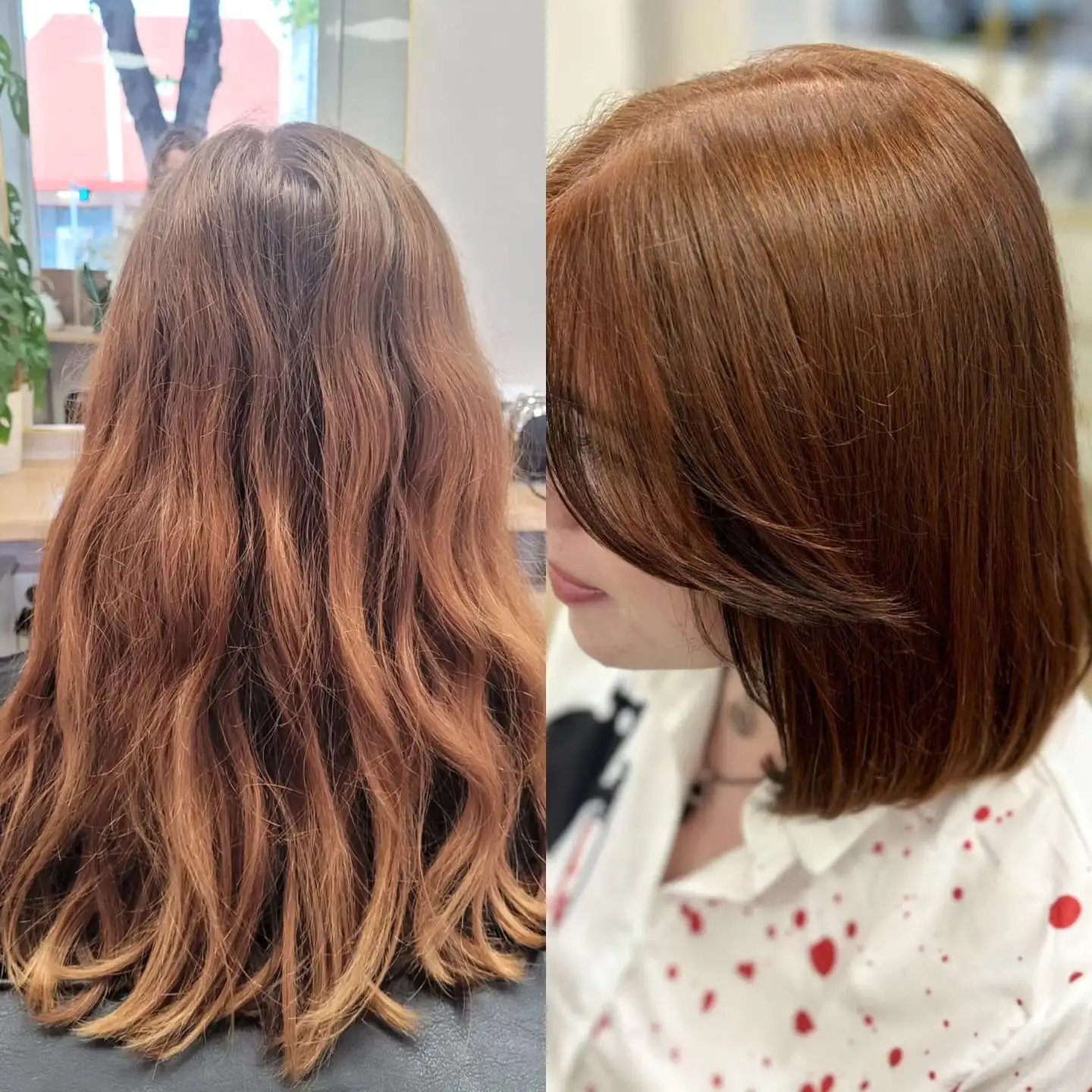 Avant après coupe carré court cheveux roux cuivré