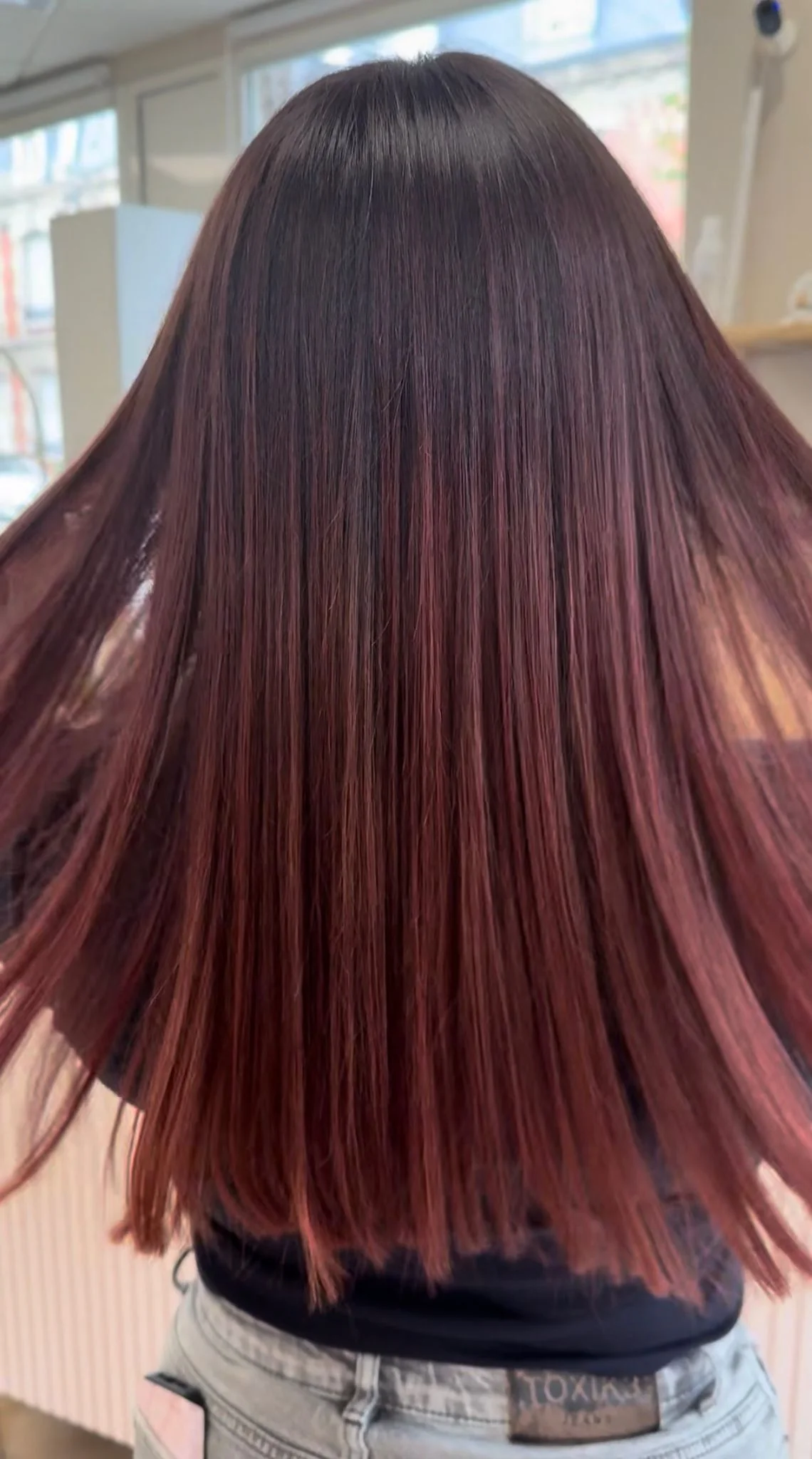 Coloration bordeaux prune cheveux longs lisses